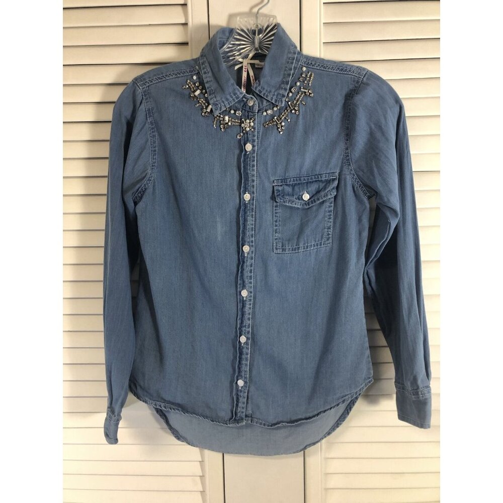 Jean Button Up  Size 10/12 Shirt Rhinestone Embellished Collar